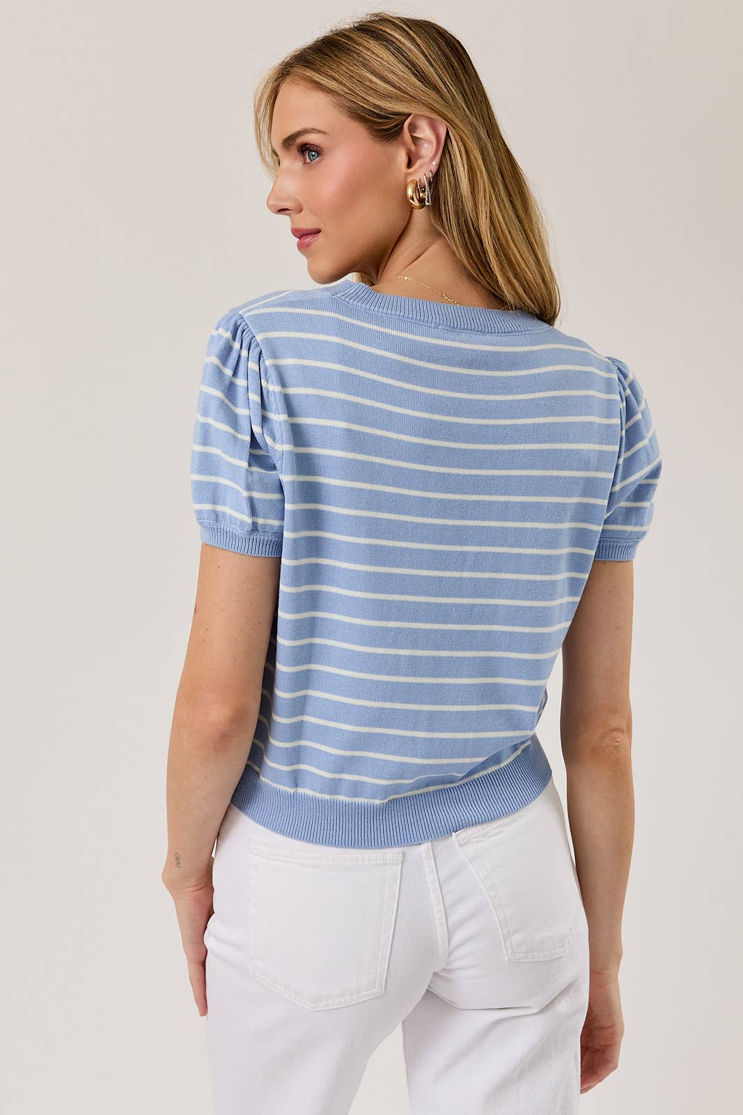 Sunday Edition by LE LIS - HALF SLEEVE CREW NECK PUFF STRIPED SWEATER TOP: LT BLUE-WHITE STRIPE / M