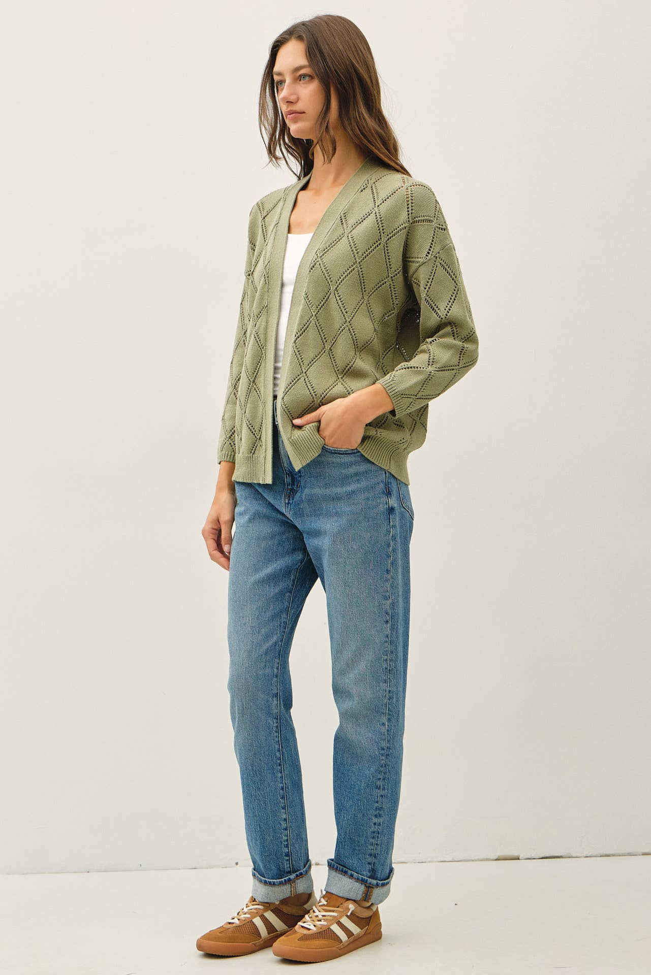 Be Cool - POINTELLE KNIT OPEN FRONT CARDIGAN: MARSALA / S