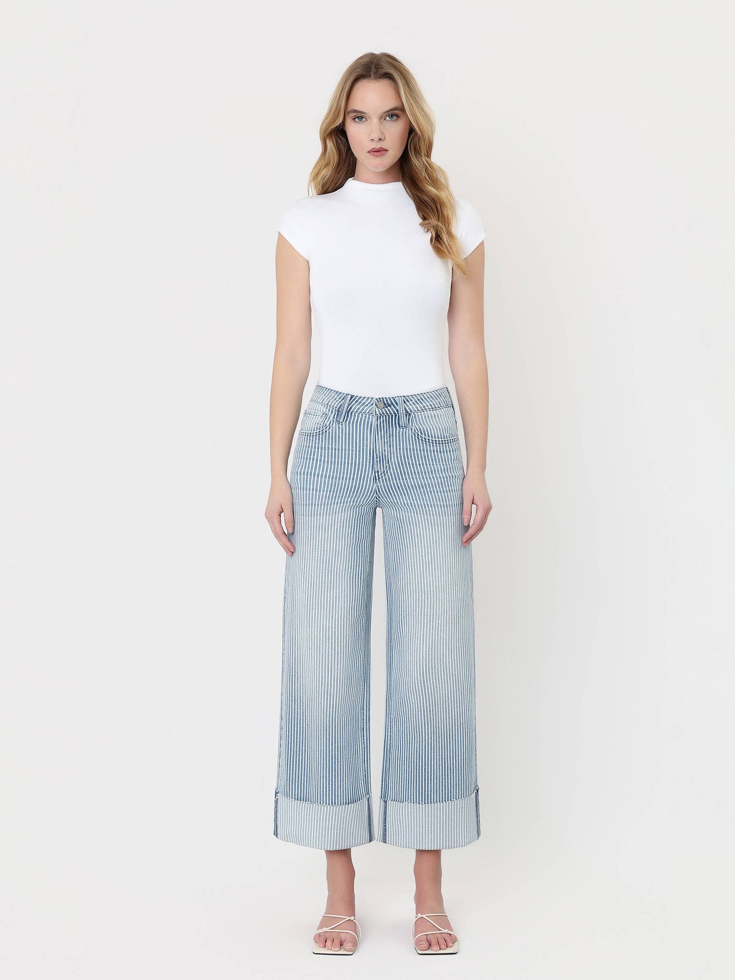 HIGH RISE CUFFED STRIPED CROP WIDE JEANS V3859STN: STRIPE