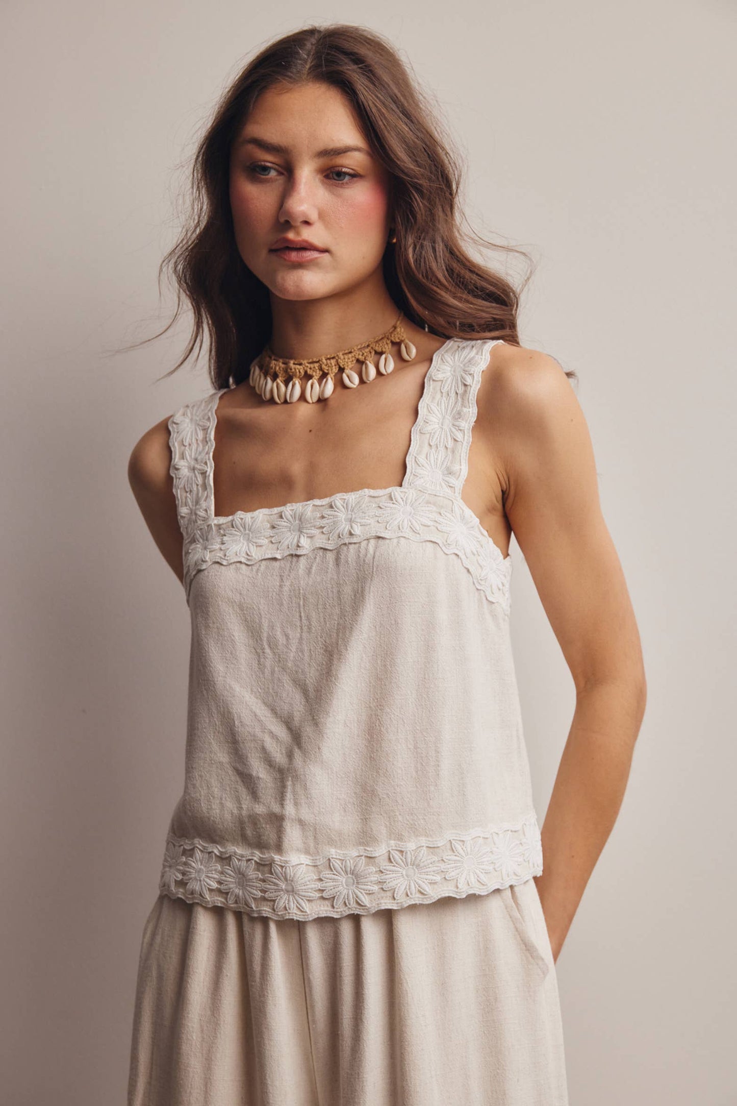 Embroidered Square-Neck Tank & Wide-Leg Pants Set