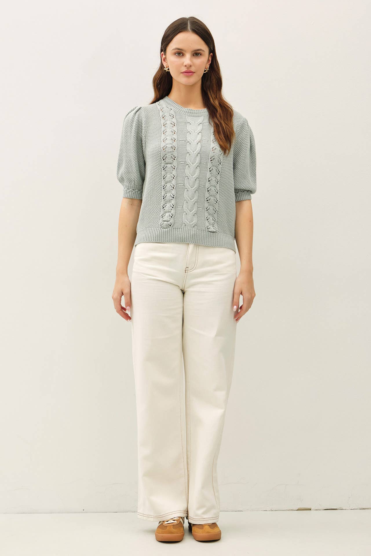 Be Cool - CHUNKY PUFF SHORT SLEEVE CABLE KNIT SWEATER: SEAFOAM / L
