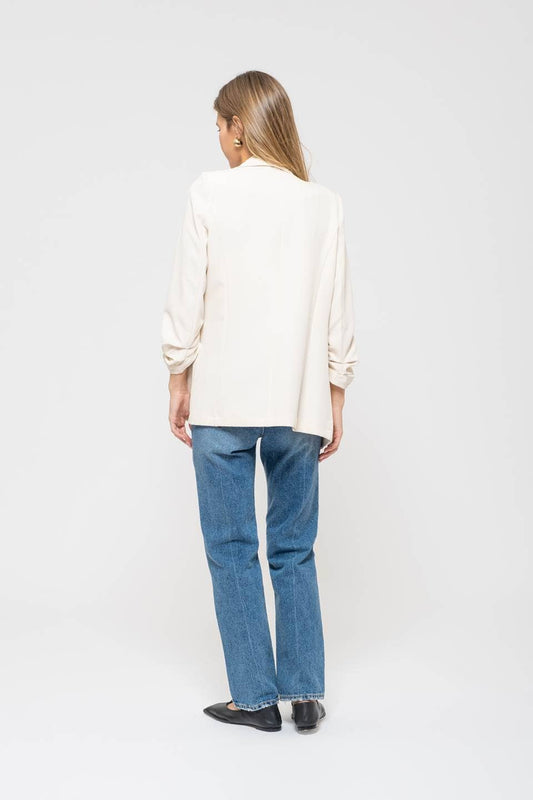Notched Collar Ruched Sleeve Blazer - Cream