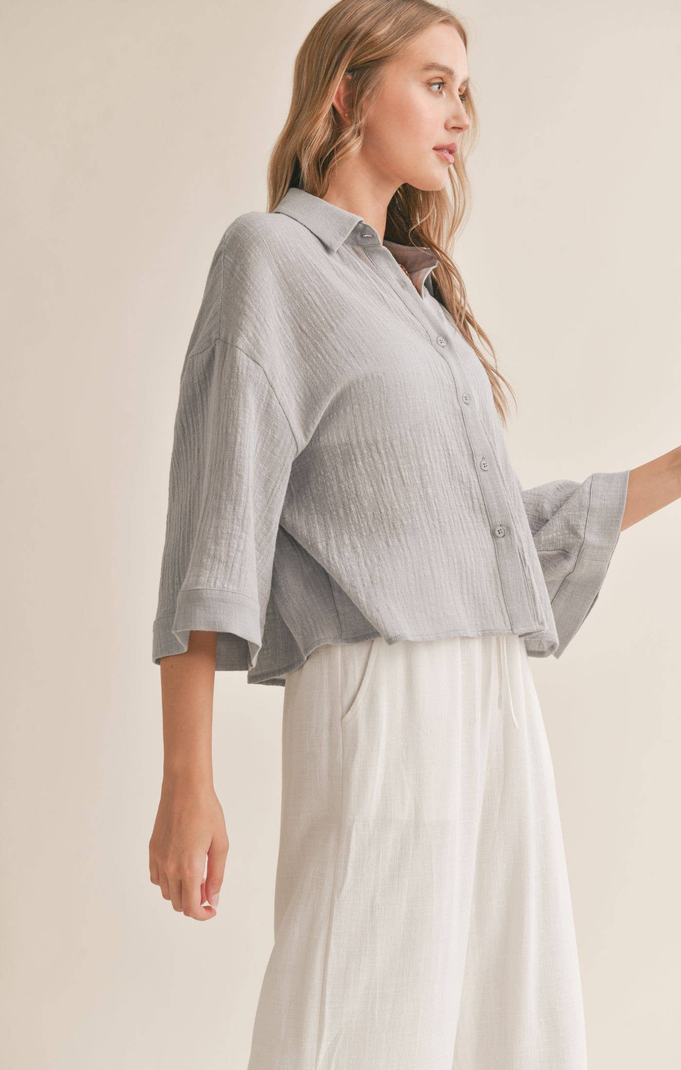 Bird Song Cuffed Boxy Oversized Shirt in Cloud Blue