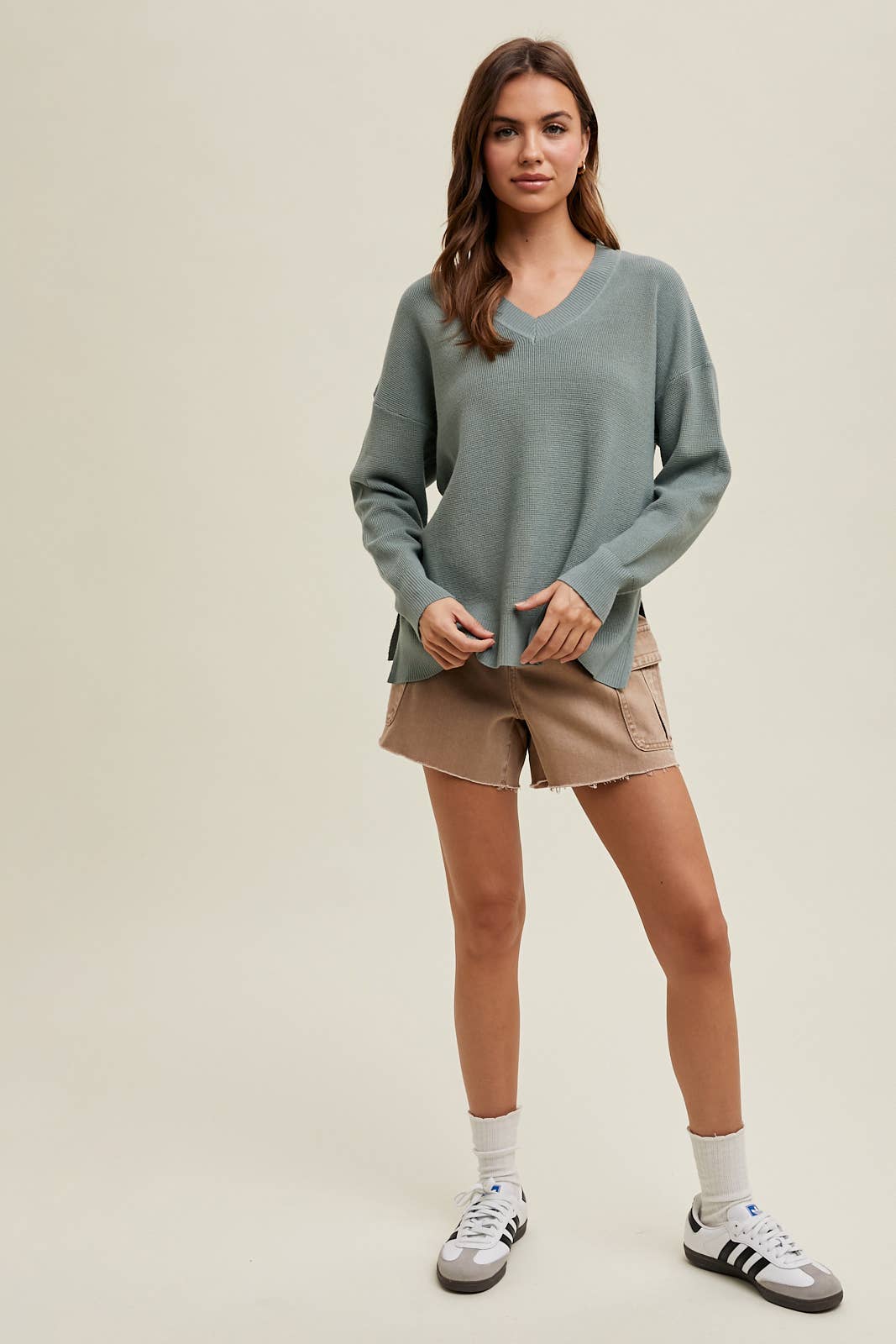 Waffle Knit Sweater with Side Slit