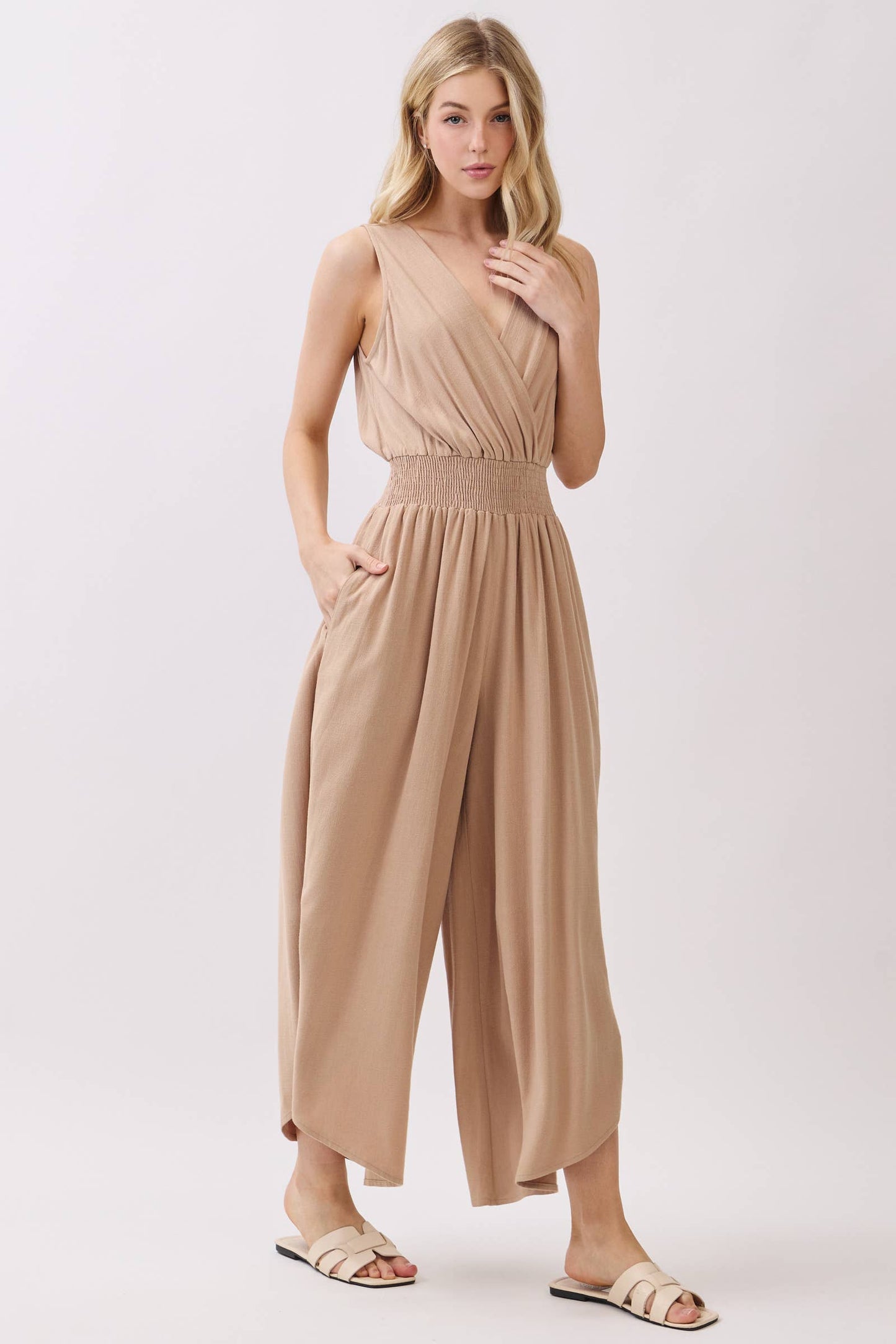 Final Touch - Solid V-Neck Surplice Sleeveless Jumpsuit - VNJU60256A4: Vintage Olive / M