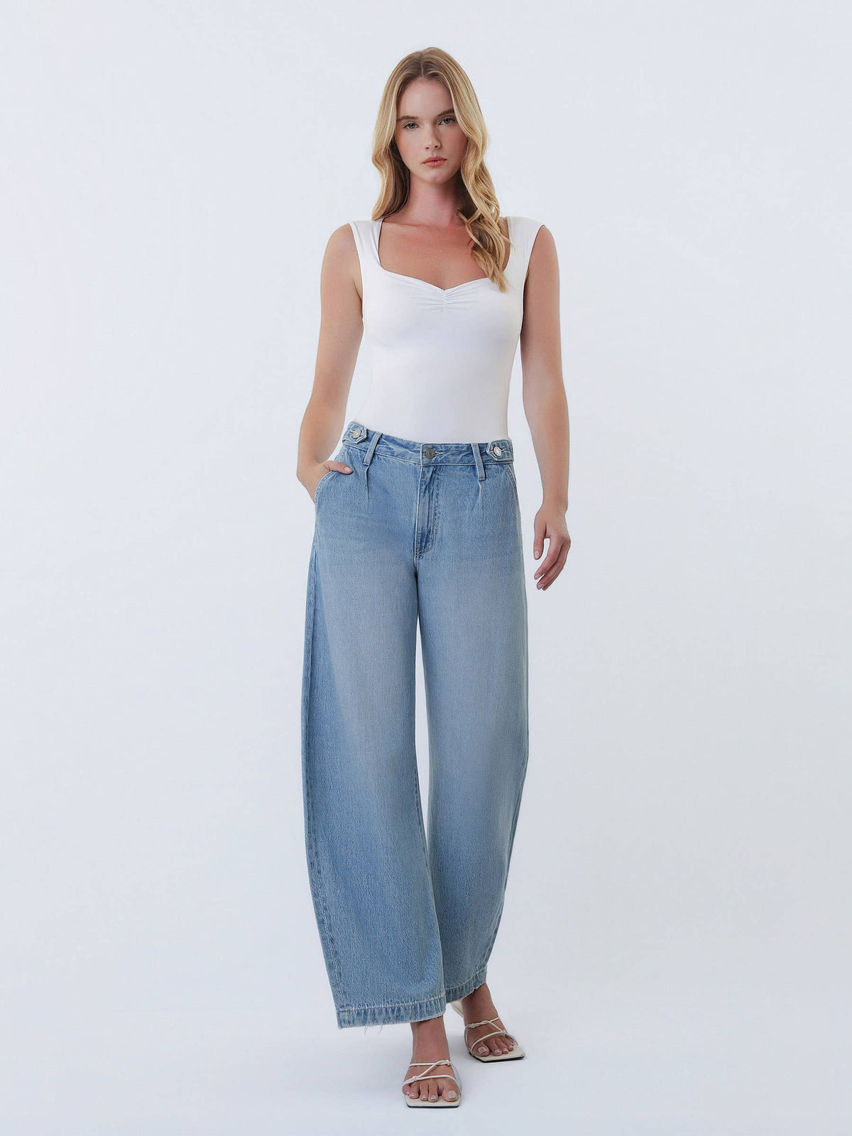 HIGH RISE PLEATED TAB WAISTBAND BARREL LEG JEANS: UPBEAT