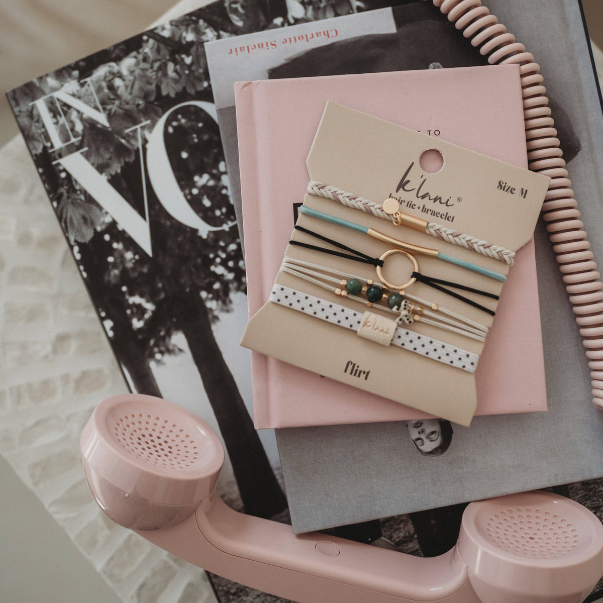K'lani hair tie bracelets - "Flirt" Polka Dot in Cream & Black with Green Accent Hair Tie Bracelets: Small