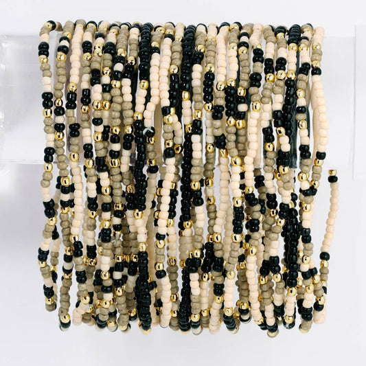 Splendid Iris - Assorted 2mm Stretch Seed Bead Bracelets: Black/Taupe/Ivory