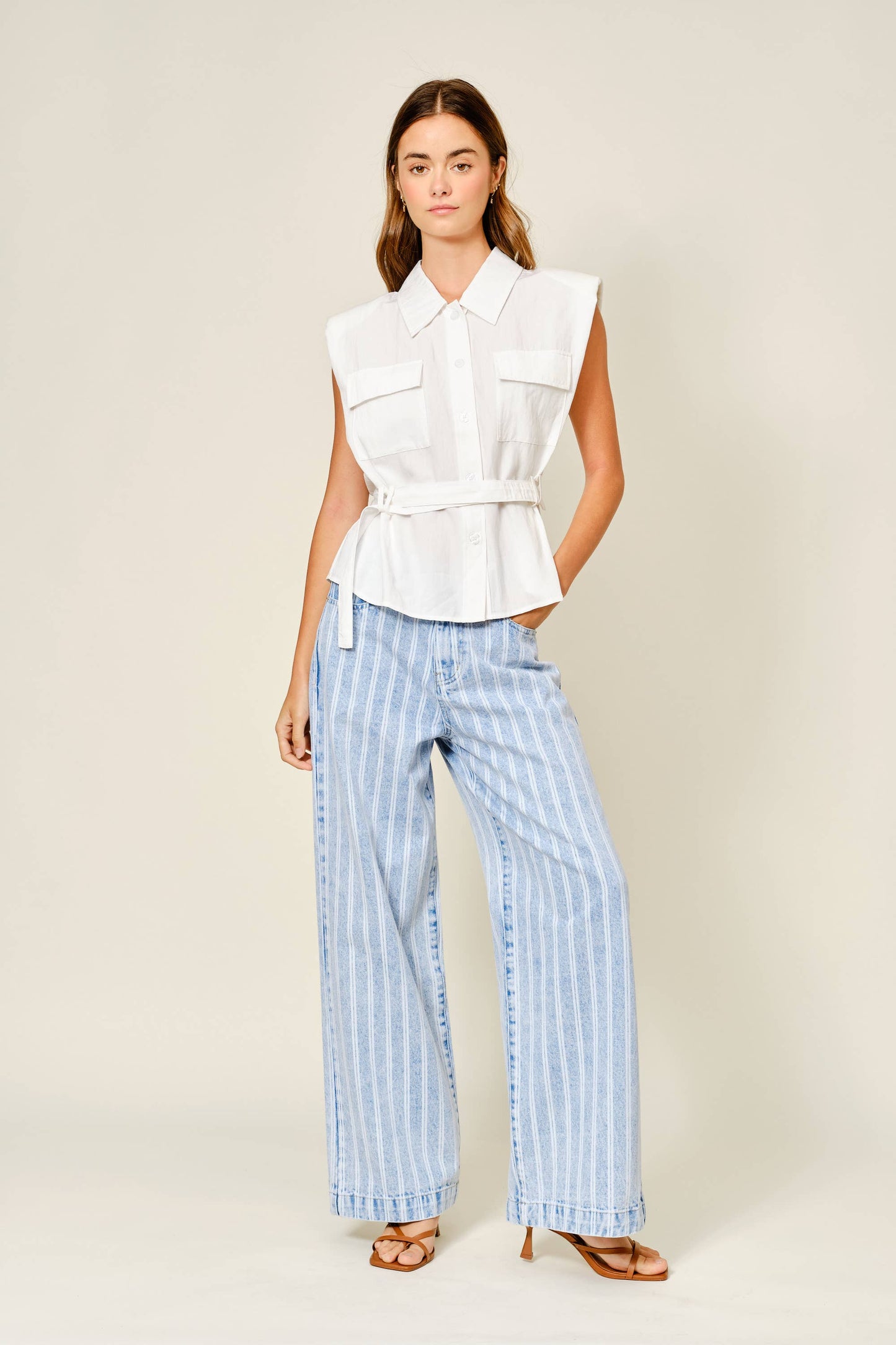 Aaron & Amber - AJP5866 STRIPED DENIM STRAIGHT PANTS: LT DENIM / S