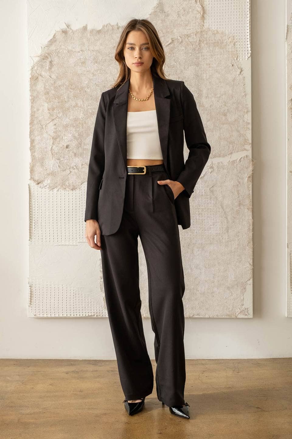 Solid Long Sleeve Blazer - Black