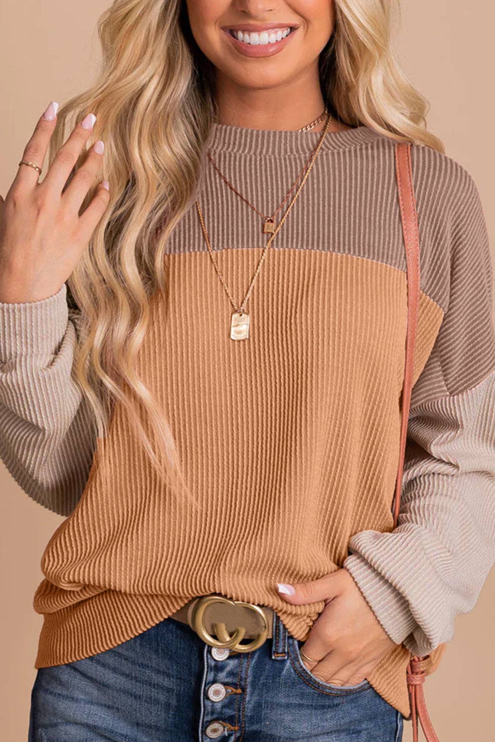 Color Block Long Sleeve Ribbed Loose Top