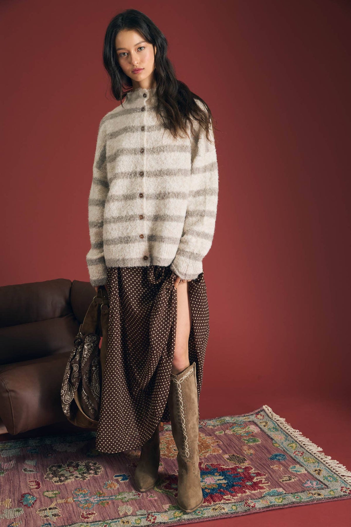 STRIPE MOCK NECK BUTTON DOWN FUZZY KNIT CARDIGAN
