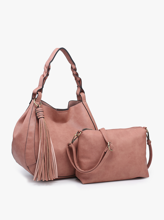 Eloise Large Tassel Hobo w/ Braided Handle: Dark Rose