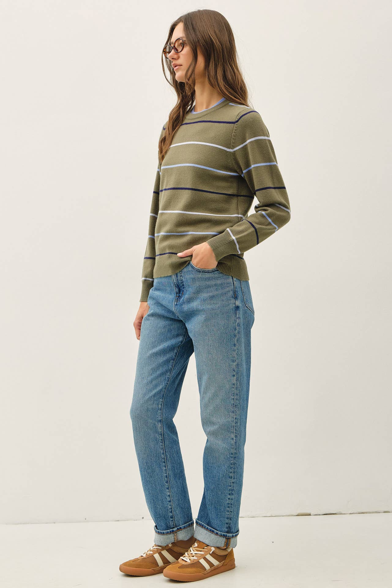 Be Cool - DOUBLE LAYERED LOOK  STRIPE SWEATER TOP : IVORY / M