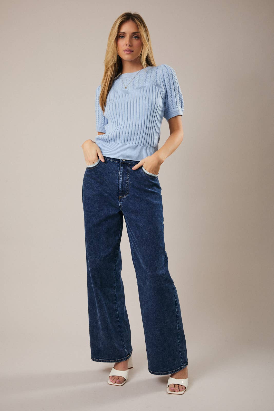 Sunday Edition by LE LIS - ROUND NECK PUFF SHORT SLEEVE CABLE SWEATER: APRICOT / L