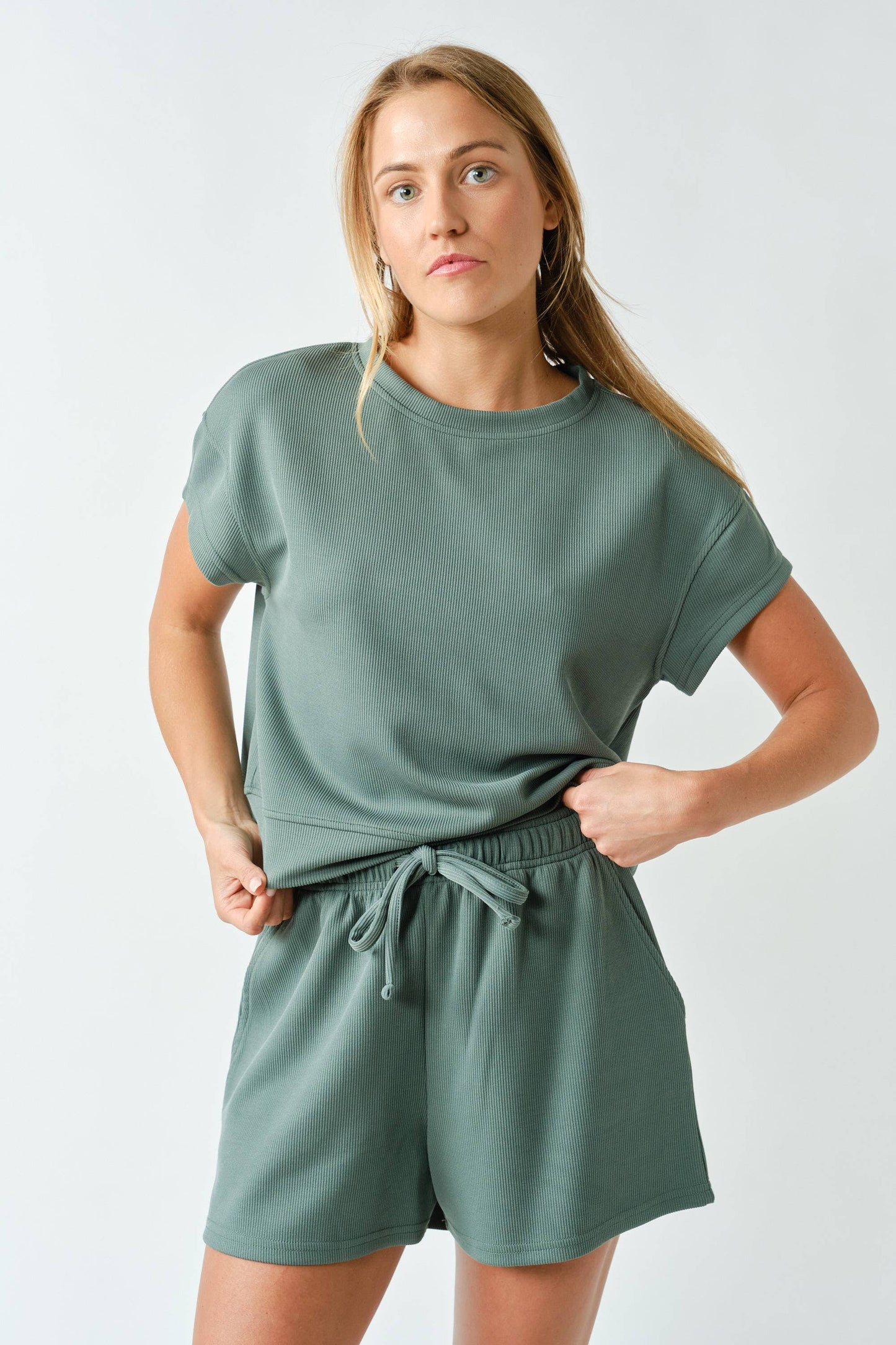 Luxe Sand Wash Rib Classic Tee Set: ELDERGREEN