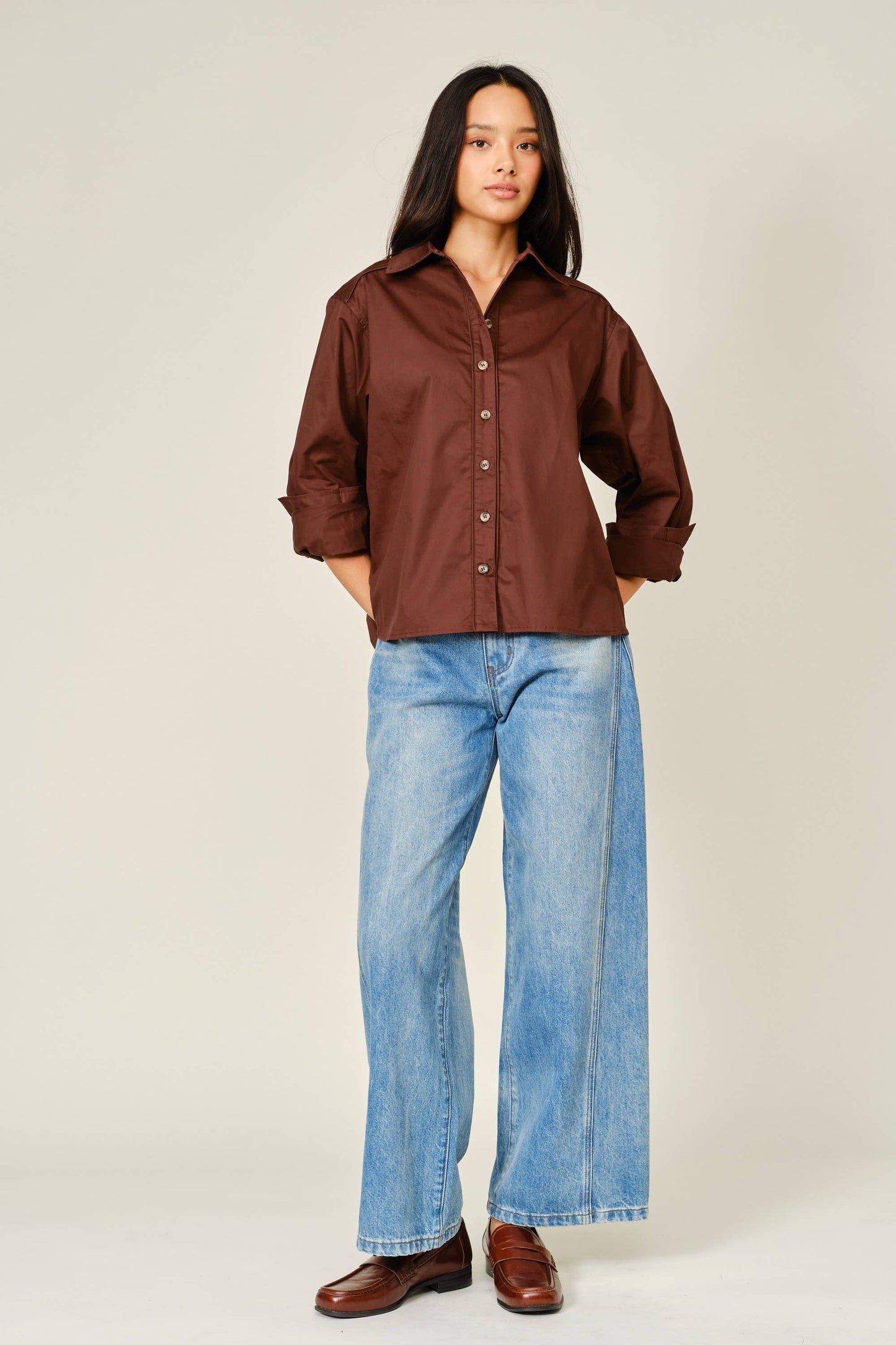 Aaron & Amber - AJT6539 OVERSIZED CLASSIC BUTTON DOWN SHIRT: OFF WHITE / S-M-L (2-2-2)