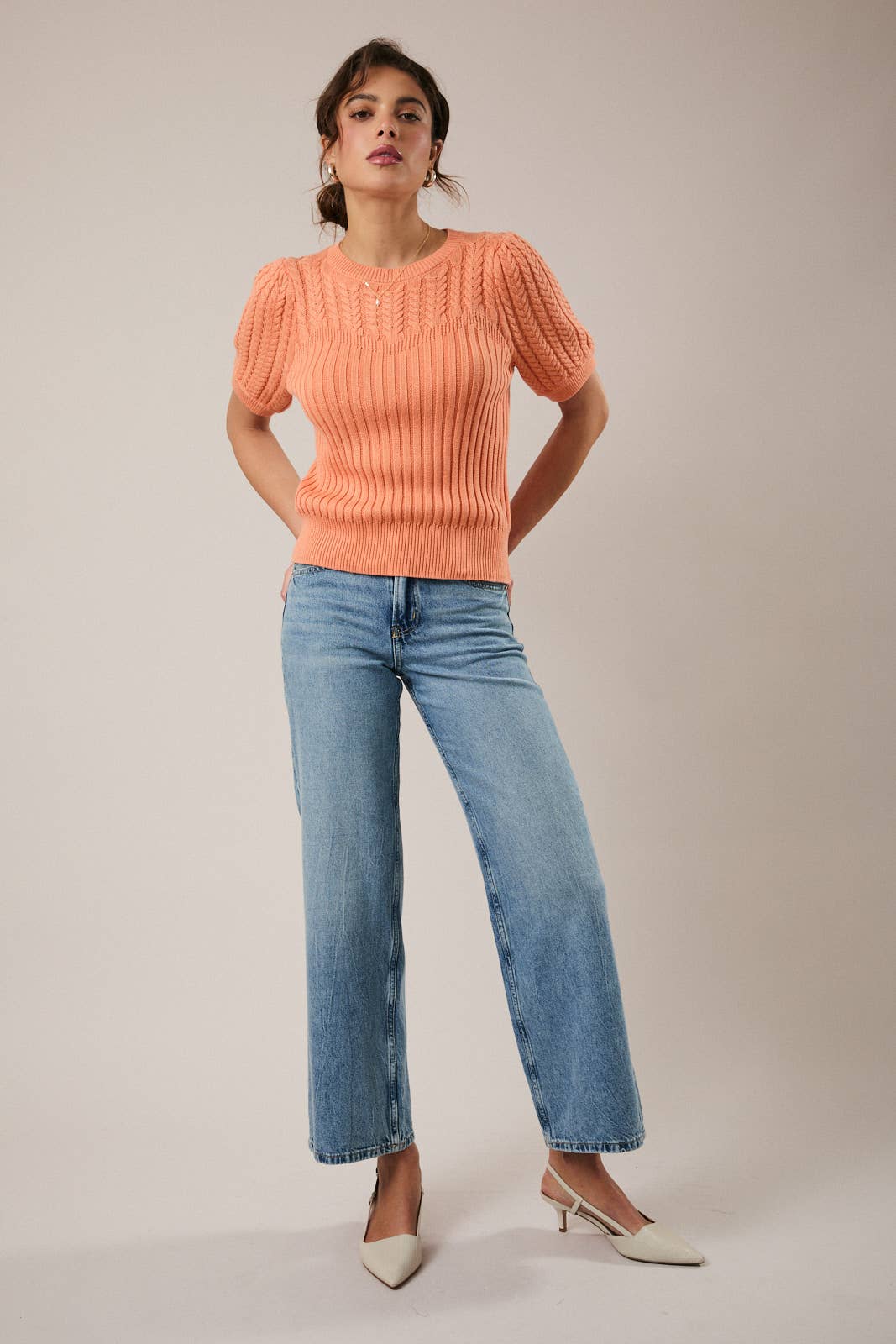 Sunday Edition by LE LIS - ROUND NECK PUFF SHORT SLEEVE CABLE SWEATER: APRICOT / L