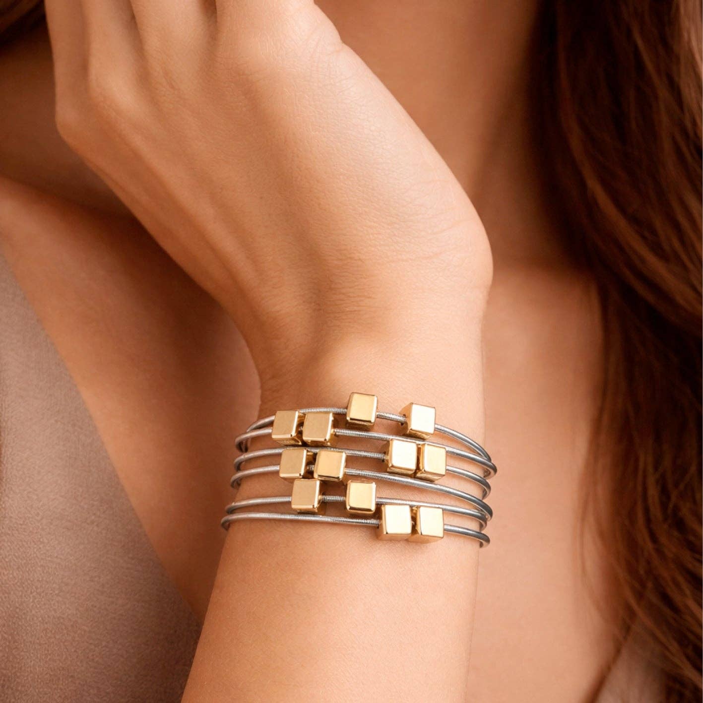 Stretchy Layered Guitar String Bracelet Set - Silver