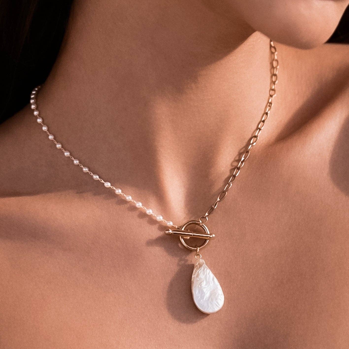Dainty 18K Gold Plated Stainless Steel Pearl Beaded Chain Necklace