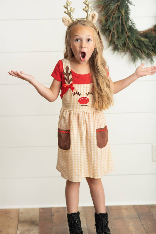 Gingham Check Embroidered Reindeer Jumper Pinafore