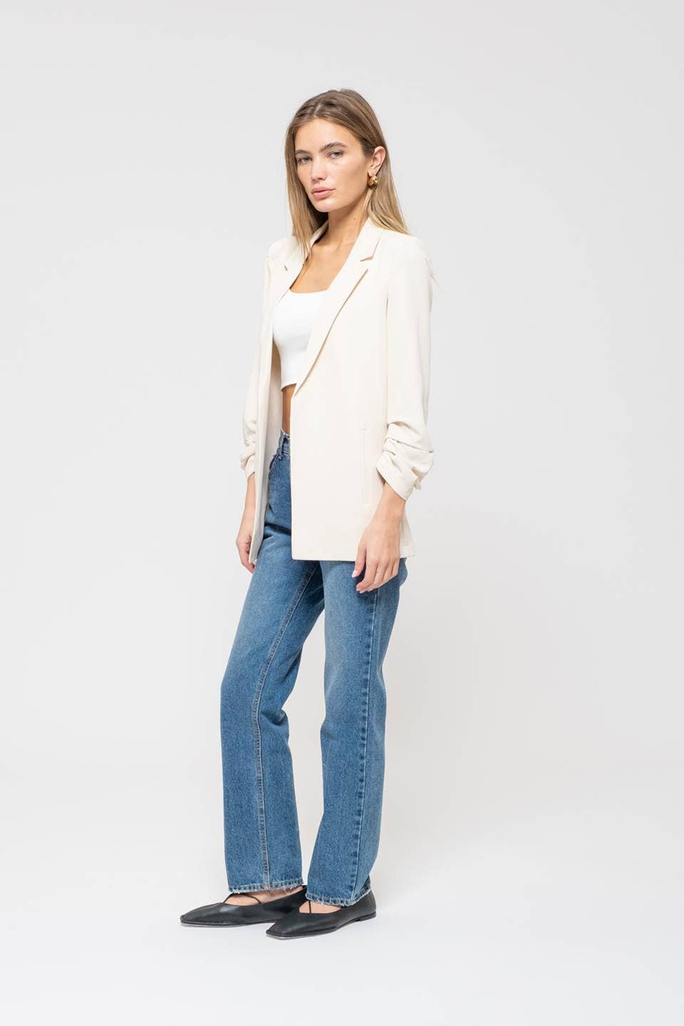 Notched Collar Ruched Sleeve Blazer - Cream