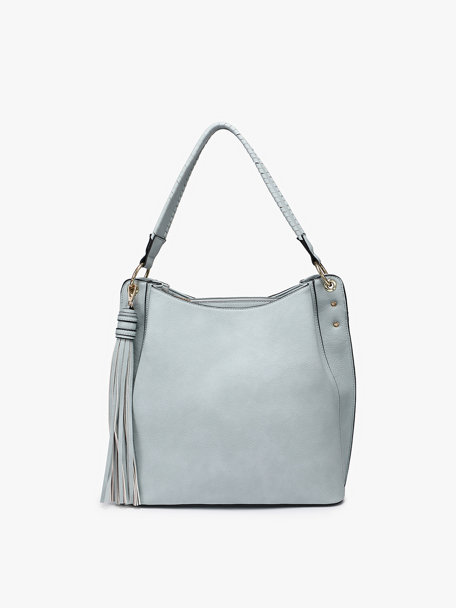 Amber Three Compartment Tassel Hobo Bag: Grey Blue