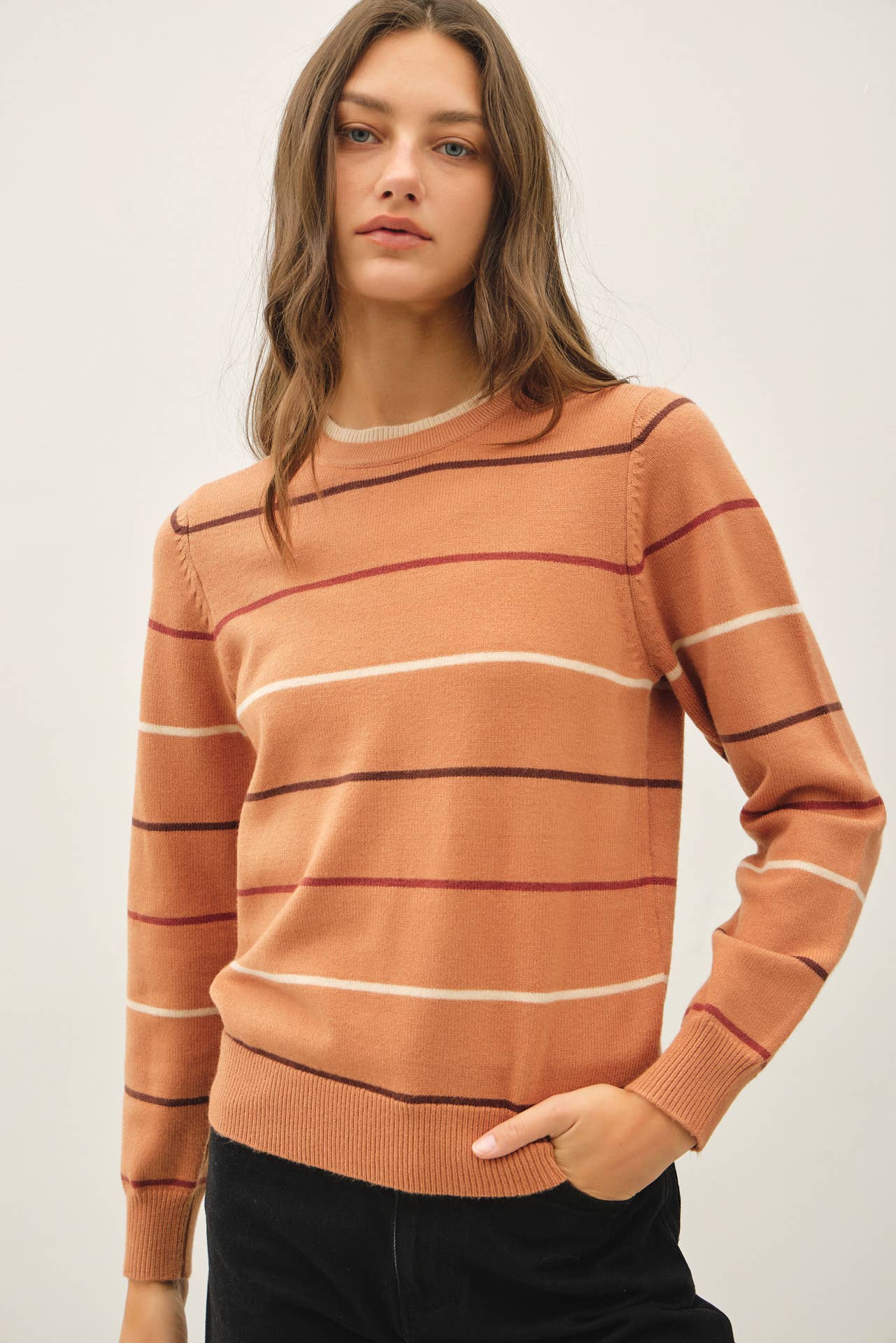 Be Cool - DOUBLE LAYERED LOOK  STRIPE SWEATER TOP : IVORY / M