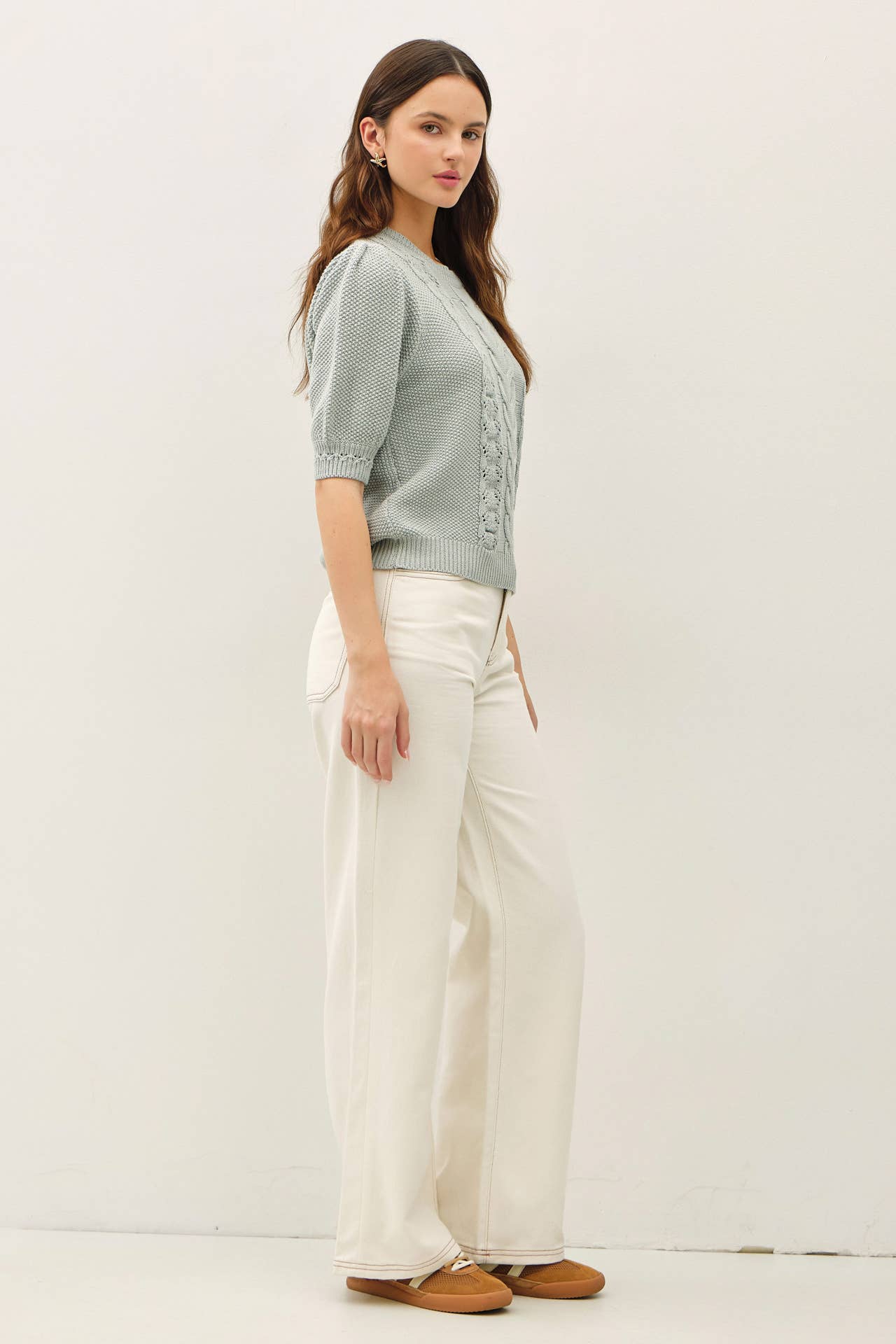 Be Cool - CHUNKY PUFF SHORT SLEEVE CABLE KNIT SWEATER: SEAFOAM / L