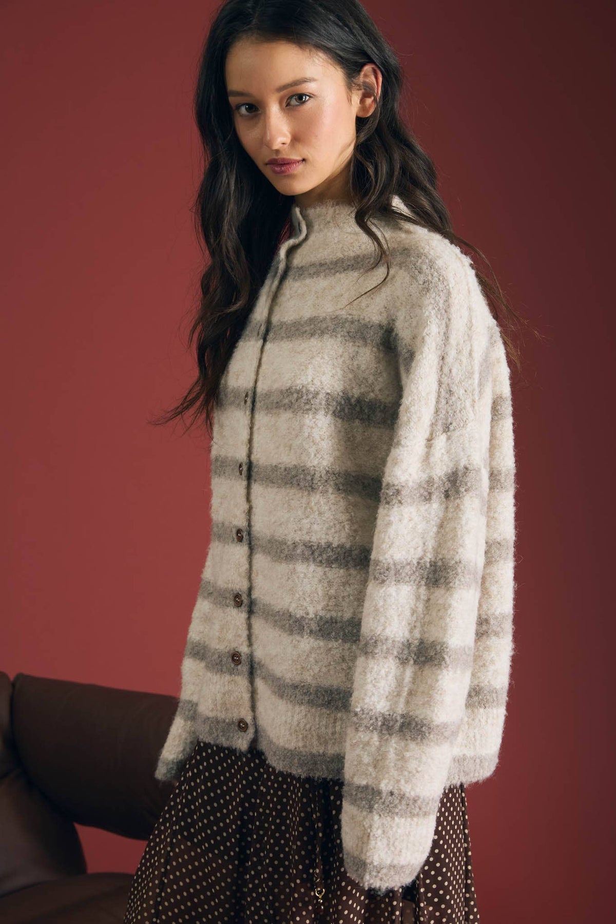 STRIPE MOCK NECK BUTTON DOWN FUZZY KNIT CARDIGAN