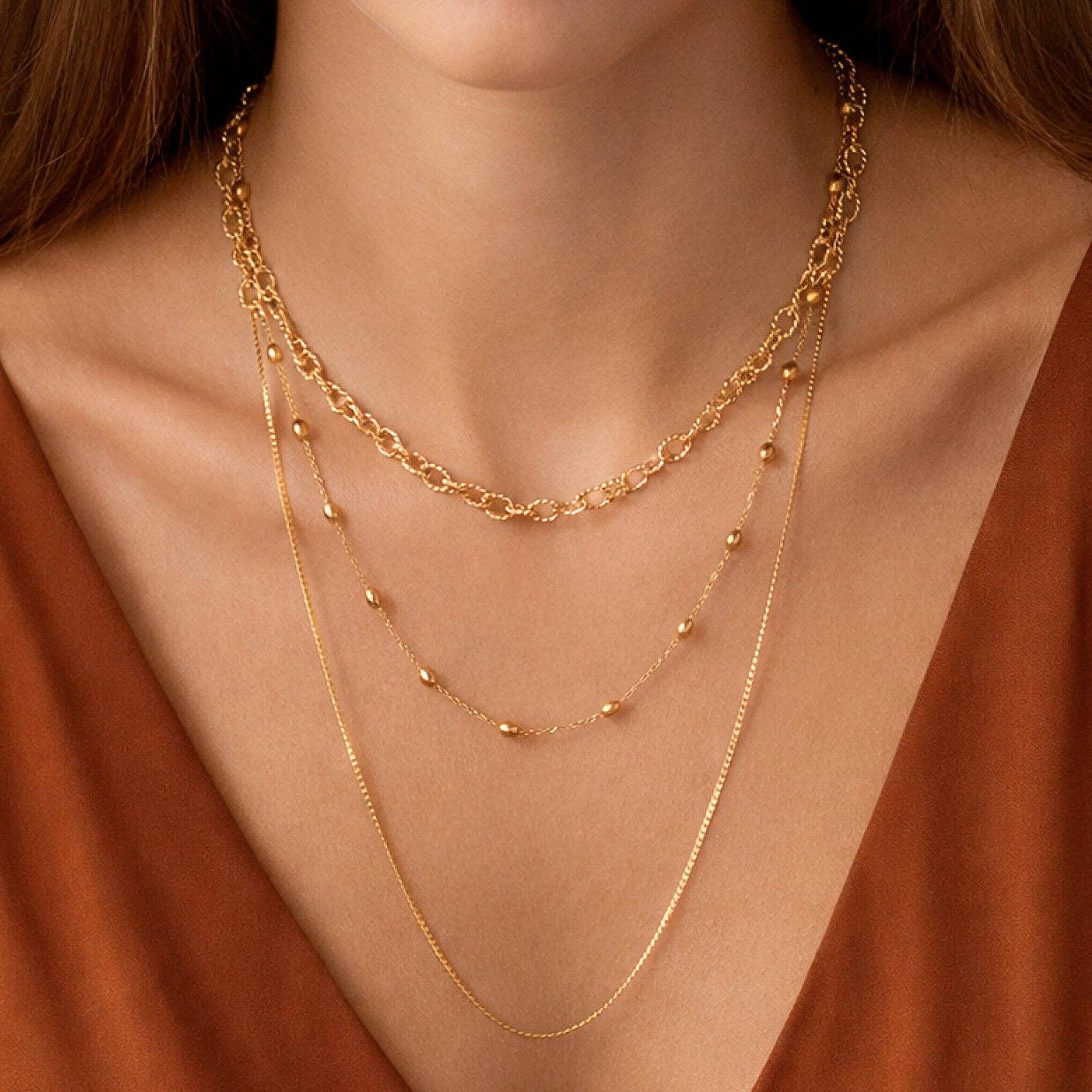18K Gold Plated Triple Layered Chain Necklace