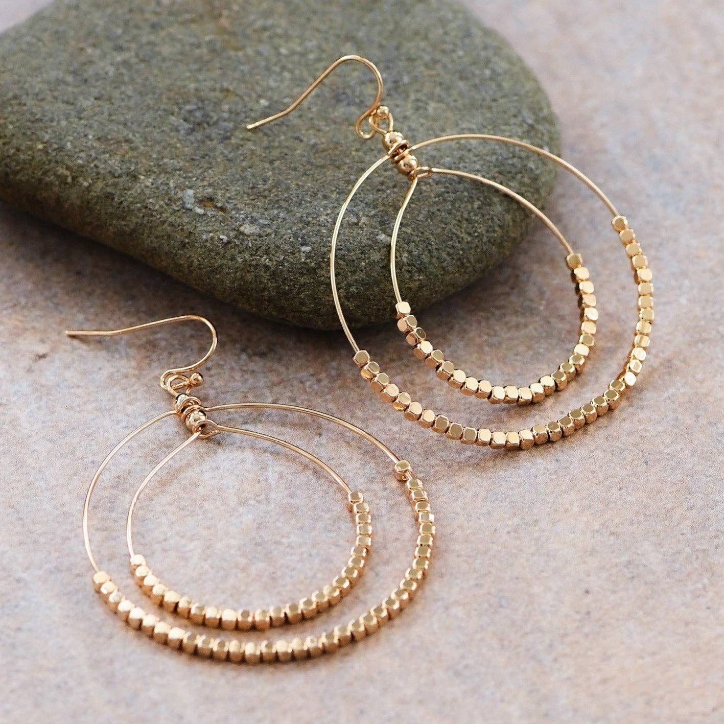 Gold Beaded Double Circle Drop Earrings