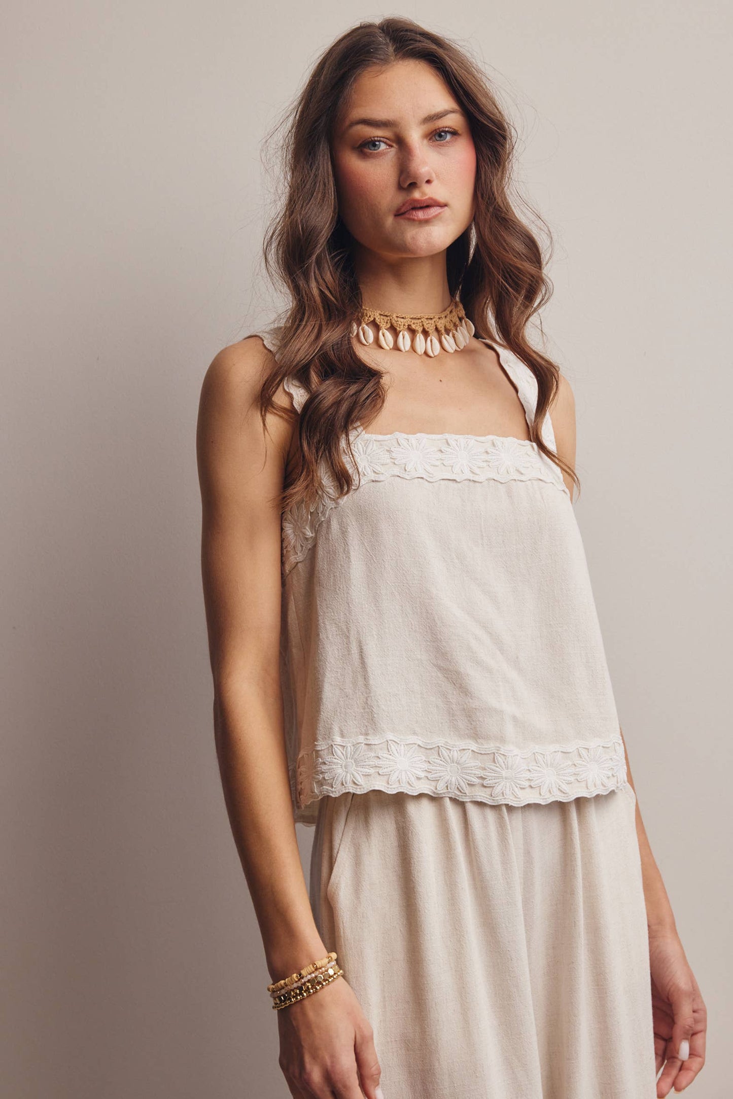 Embroidered Square-Neck Tank & Wide-Leg Pants Set