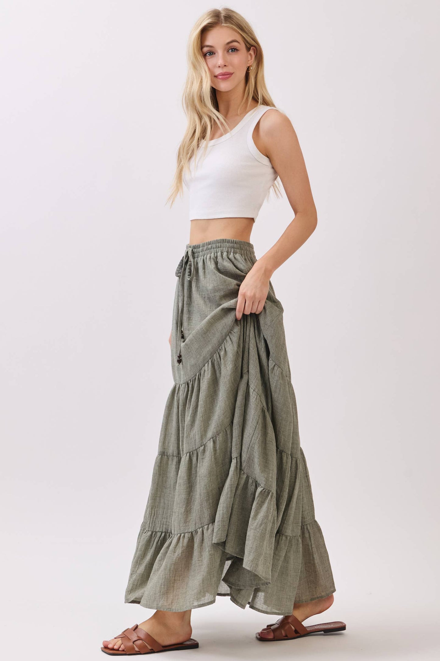 Final Touch - Tiered Coconut Tie Detail Maxi Skirt - VS3009: OLIVE / S