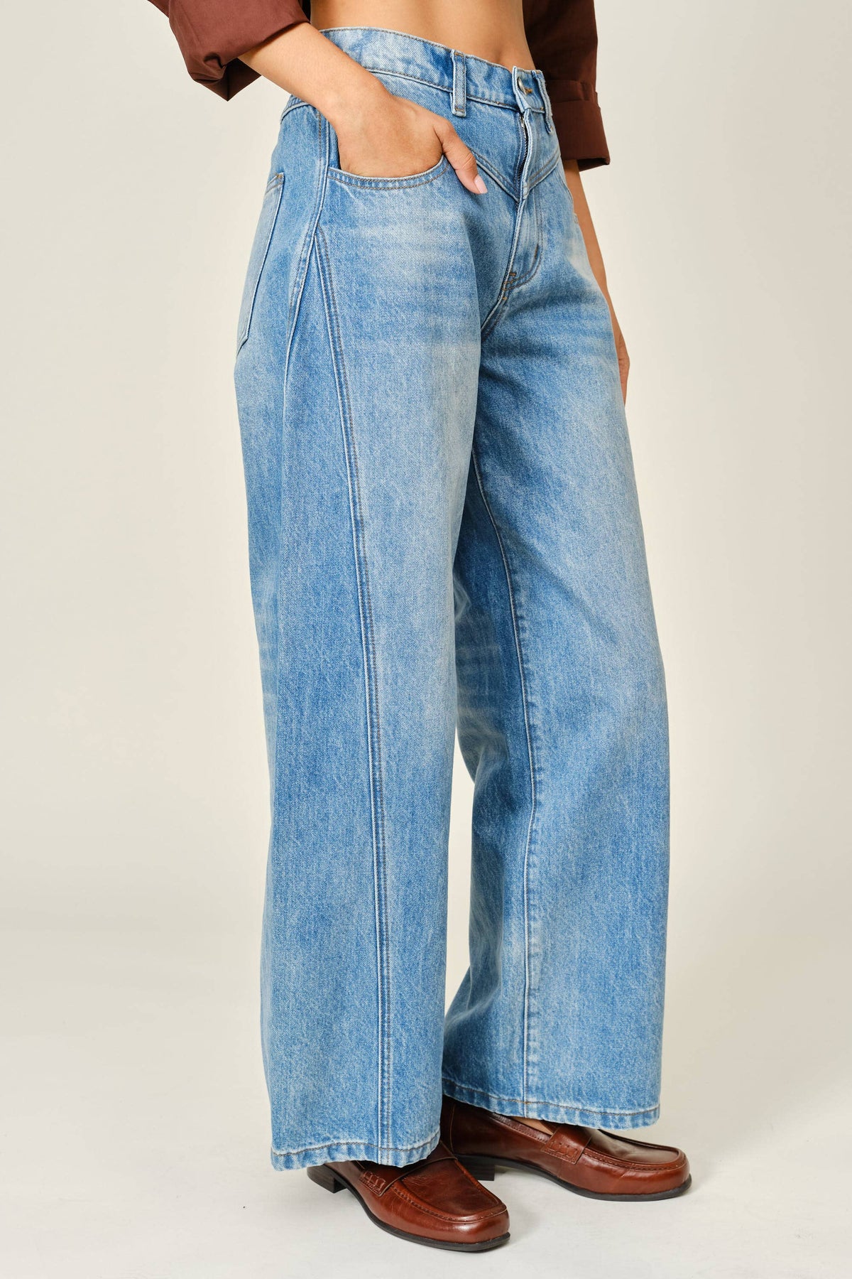 Aaron & Amber - WASHED DENIM YOKE WIDE LEG JEANS: DENIM
