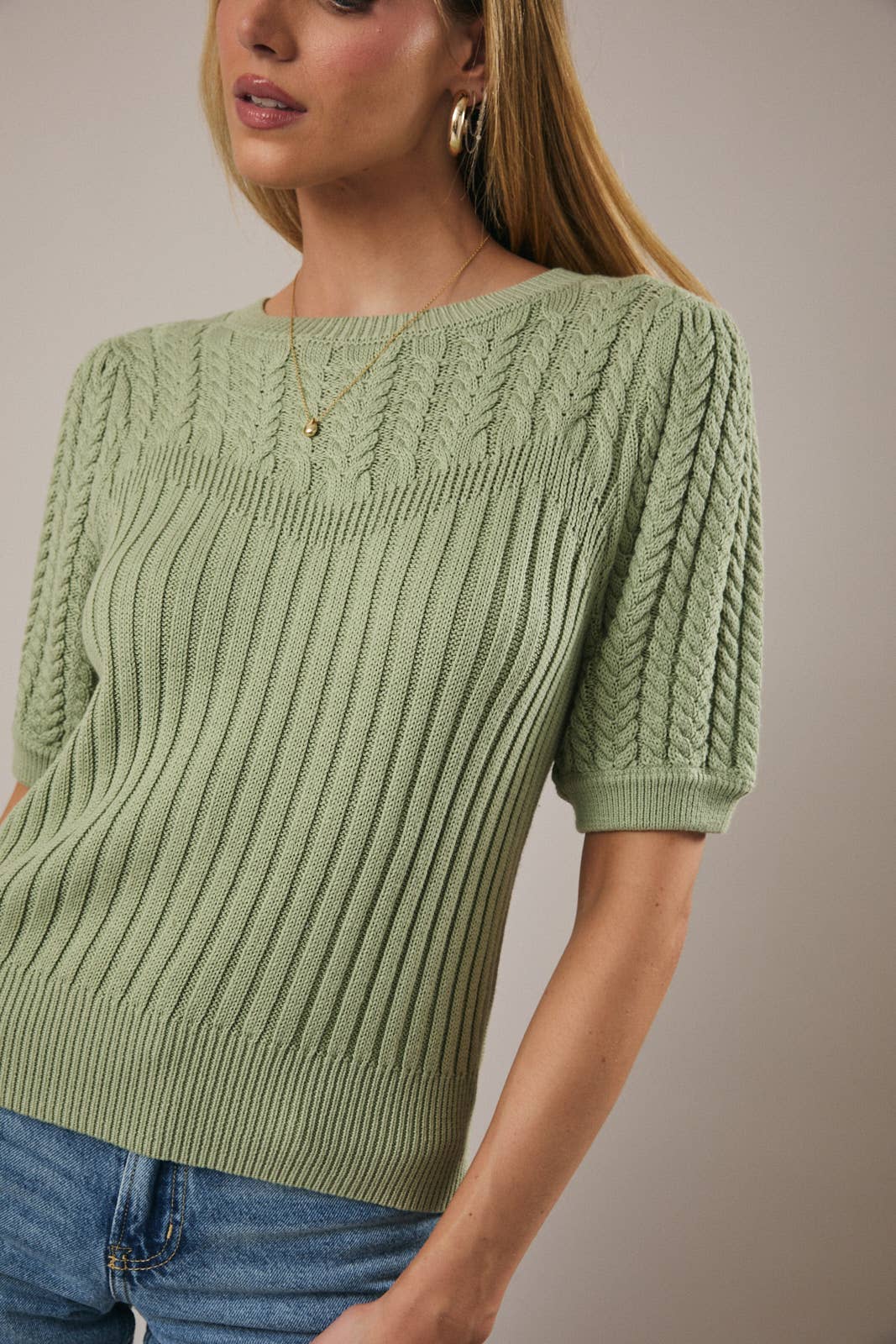 Sunday Edition by LE LIS - ROUND NECK PUFF SHORT SLEEVE CABLE SWEATER: APRICOT / L
