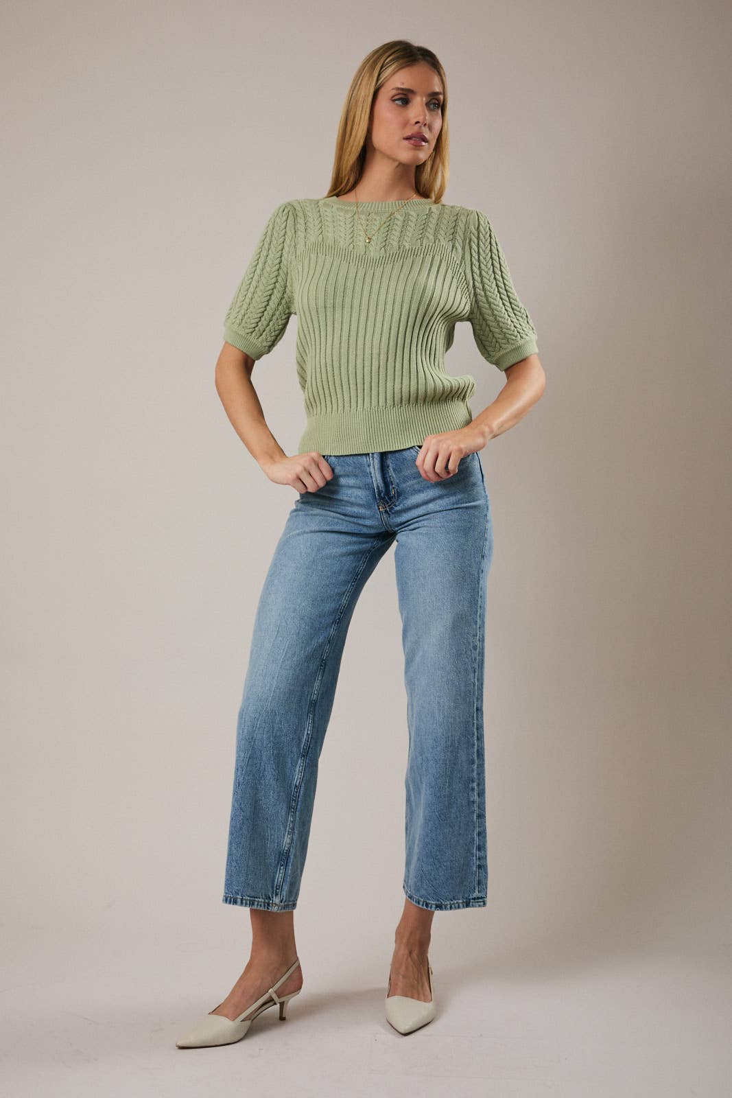 Sunday Edition by LE LIS - ROUND NECK PUFF SHORT SLEEVE CABLE SWEATER: APRICOT / L