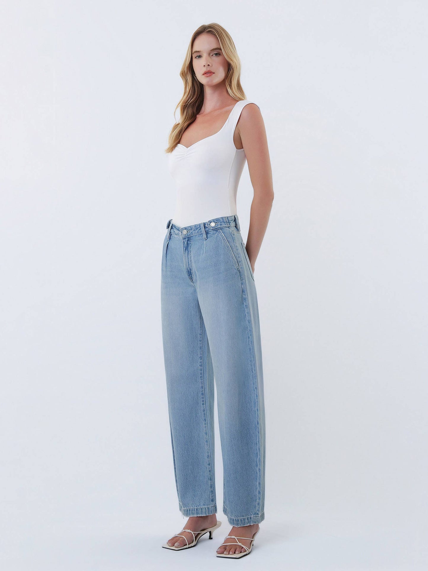 HIGH RISE PLEATED TAB WAISTBAND BARREL LEG JEANS: UPBEAT
