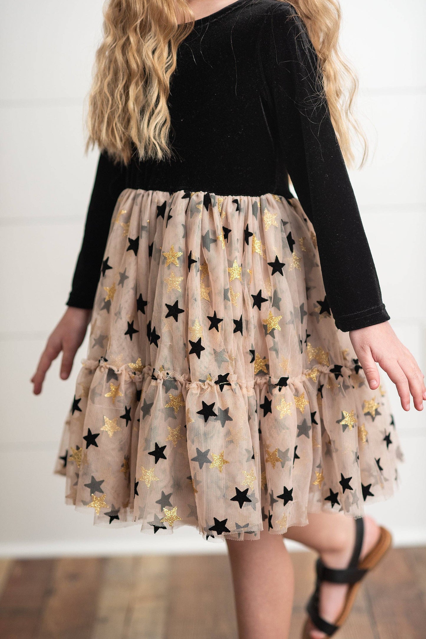 Kids Black & Gold Star Velvet Holiday Sparkle Tulle Dress