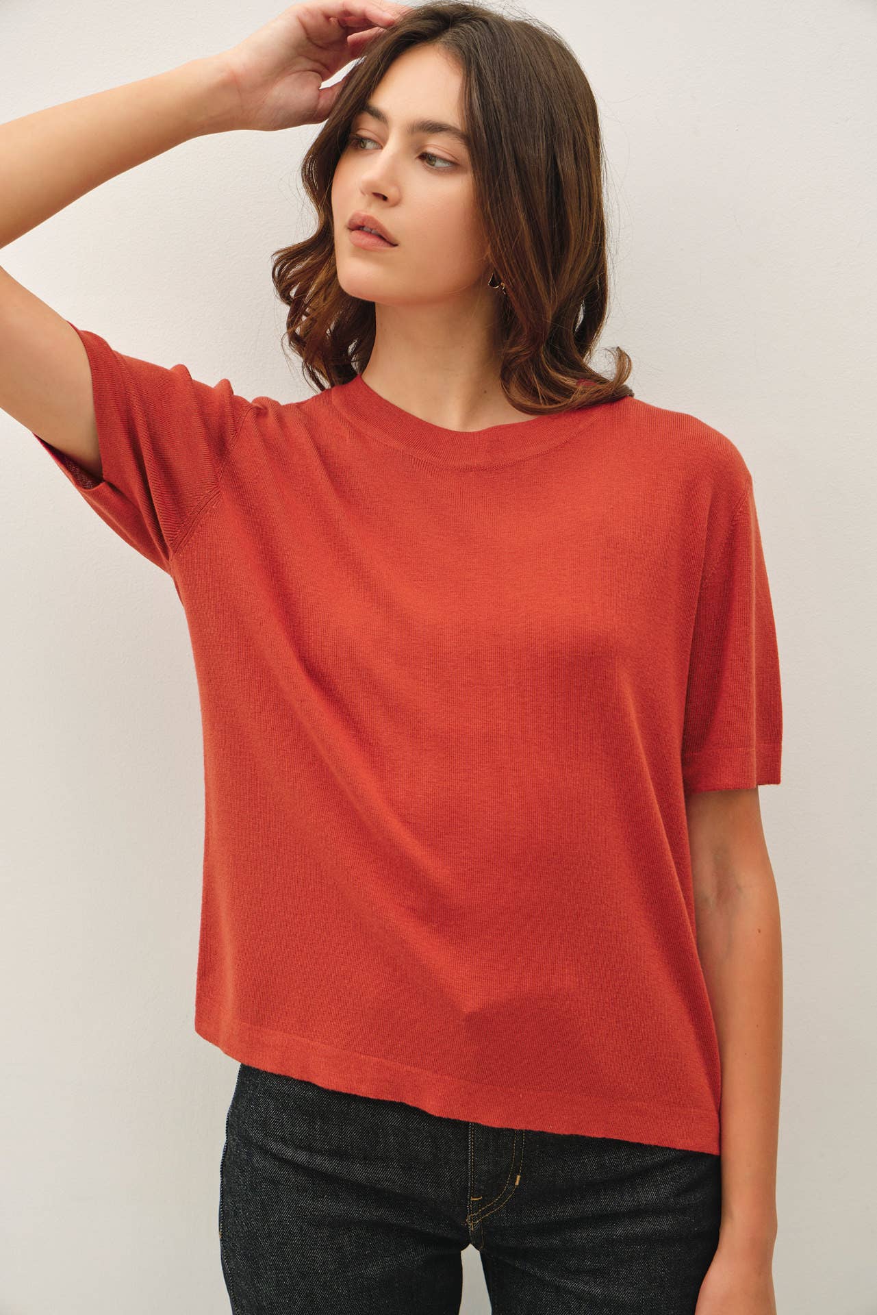 Be Cool - CASHMERE BLENDED SHORT SLEEVE SWEATER  : SLATE BLUE / L