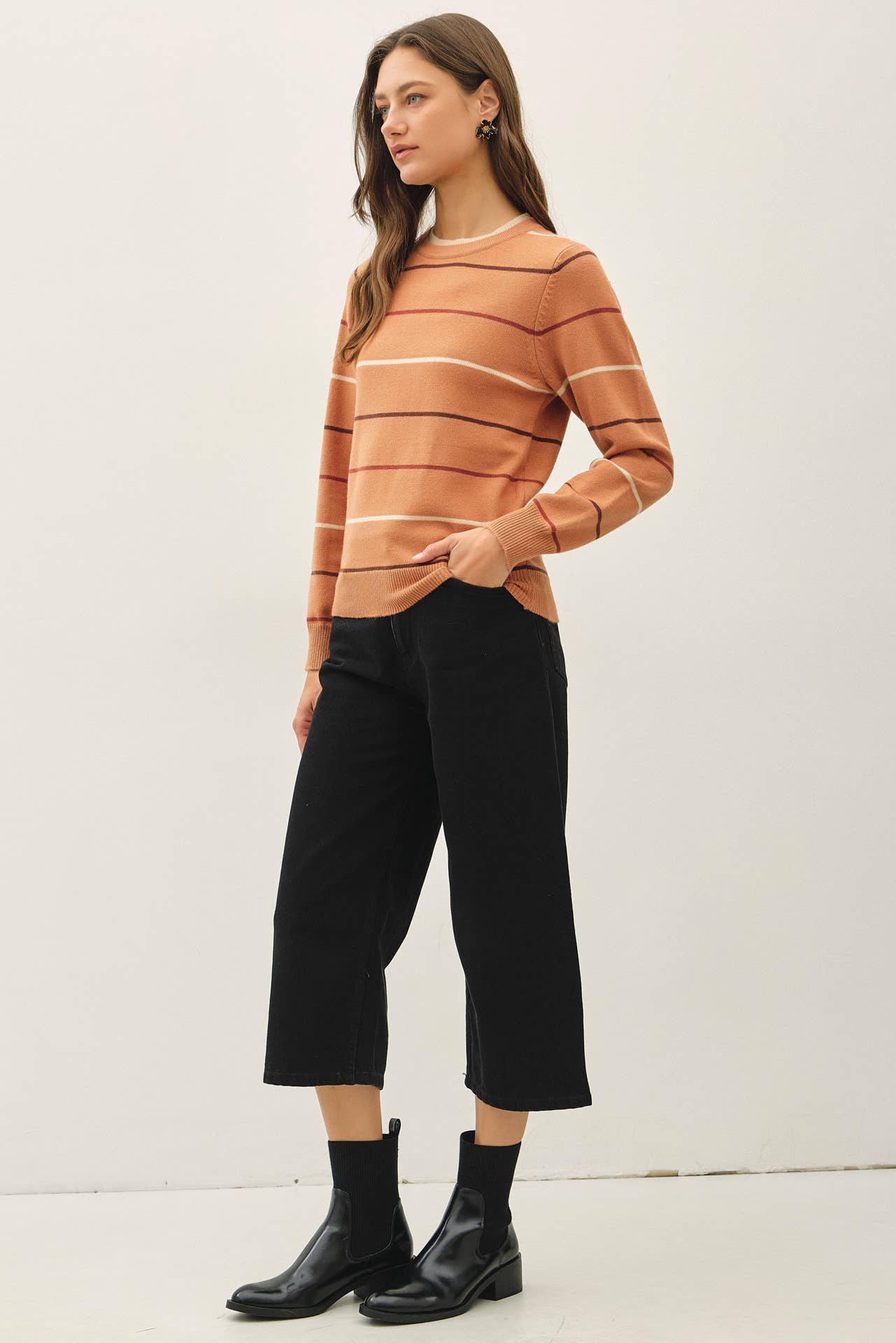 Be Cool - DOUBLE LAYERED LOOK  STRIPE SWEATER TOP : IVORY / S