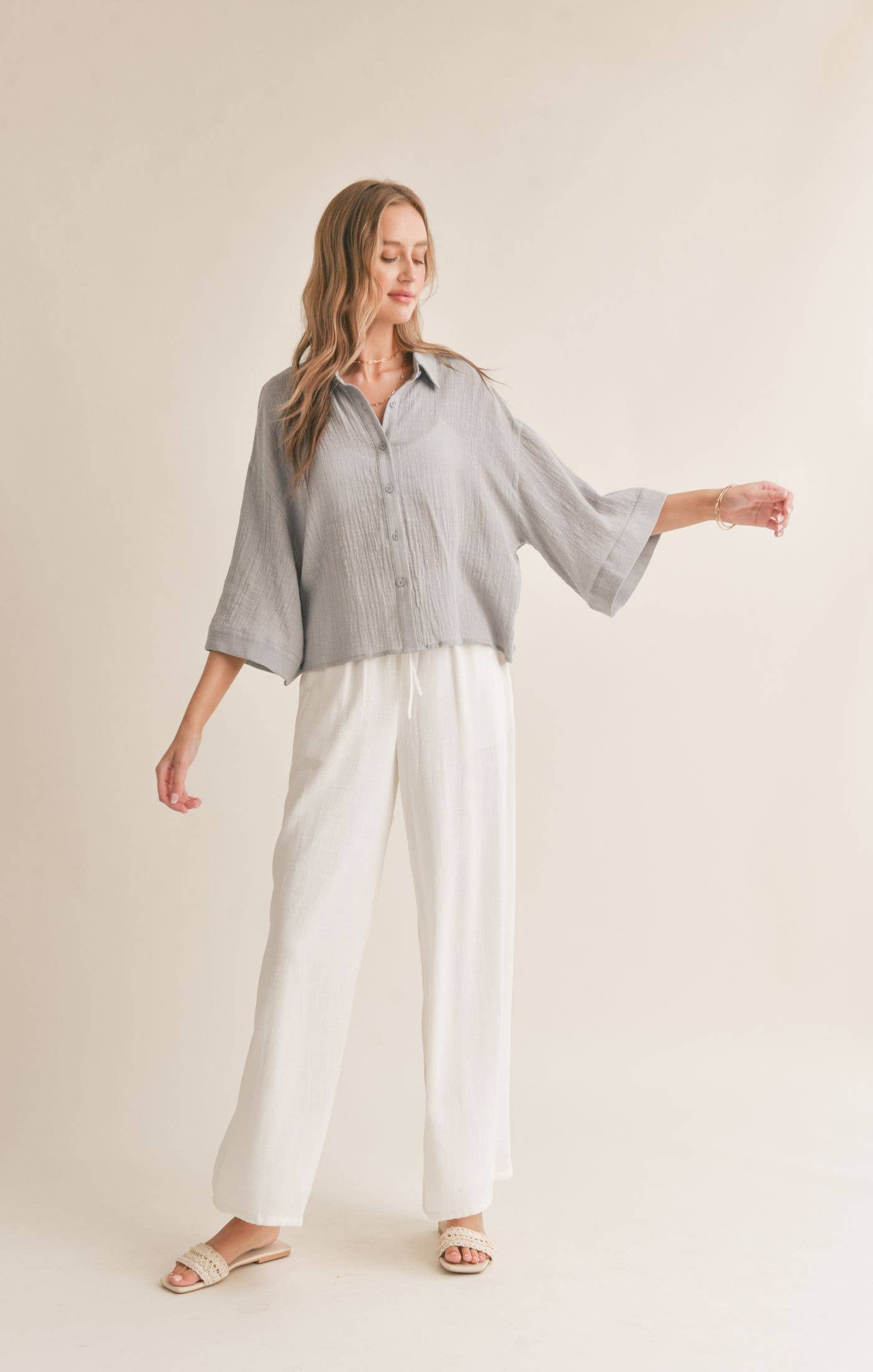 Bird Song Cuffed Boxy Oversized Shirt in Cloud Blue