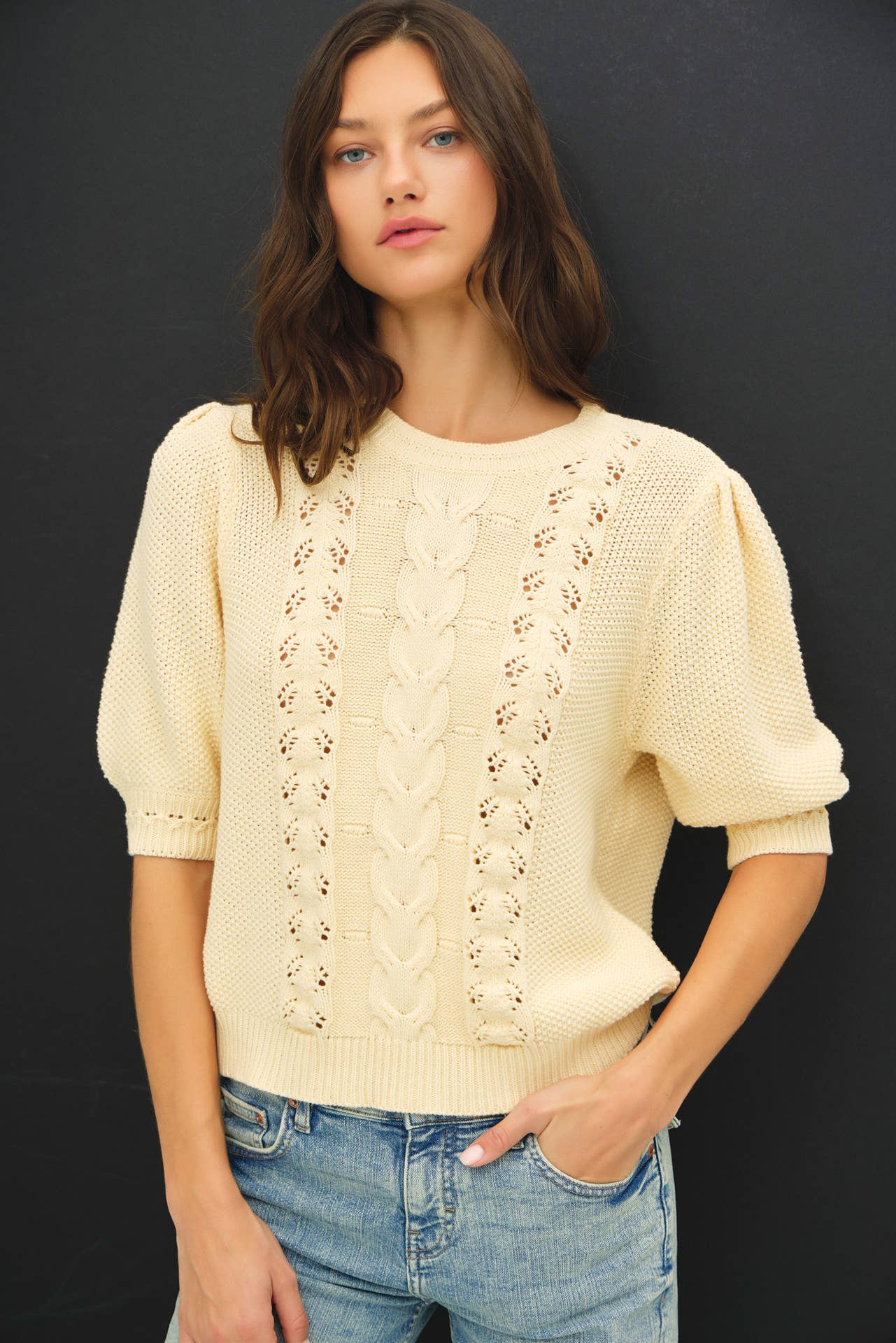 Be Cool - CHUNKY PUFF SHORT SLEEVE CABLE KNIT SWEATER: SEAFOAM / L