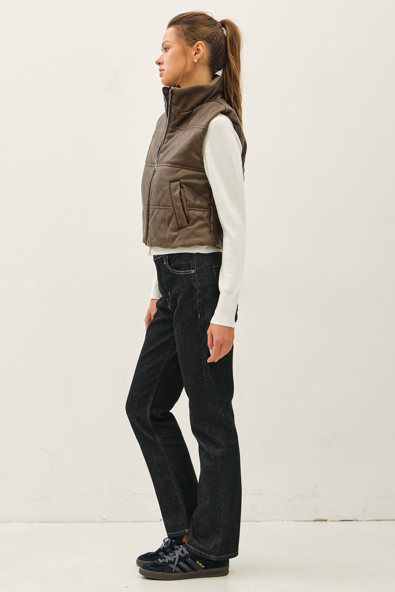 Be Cool - FAUX LEATHER PUFFER VEST : Brown / M
