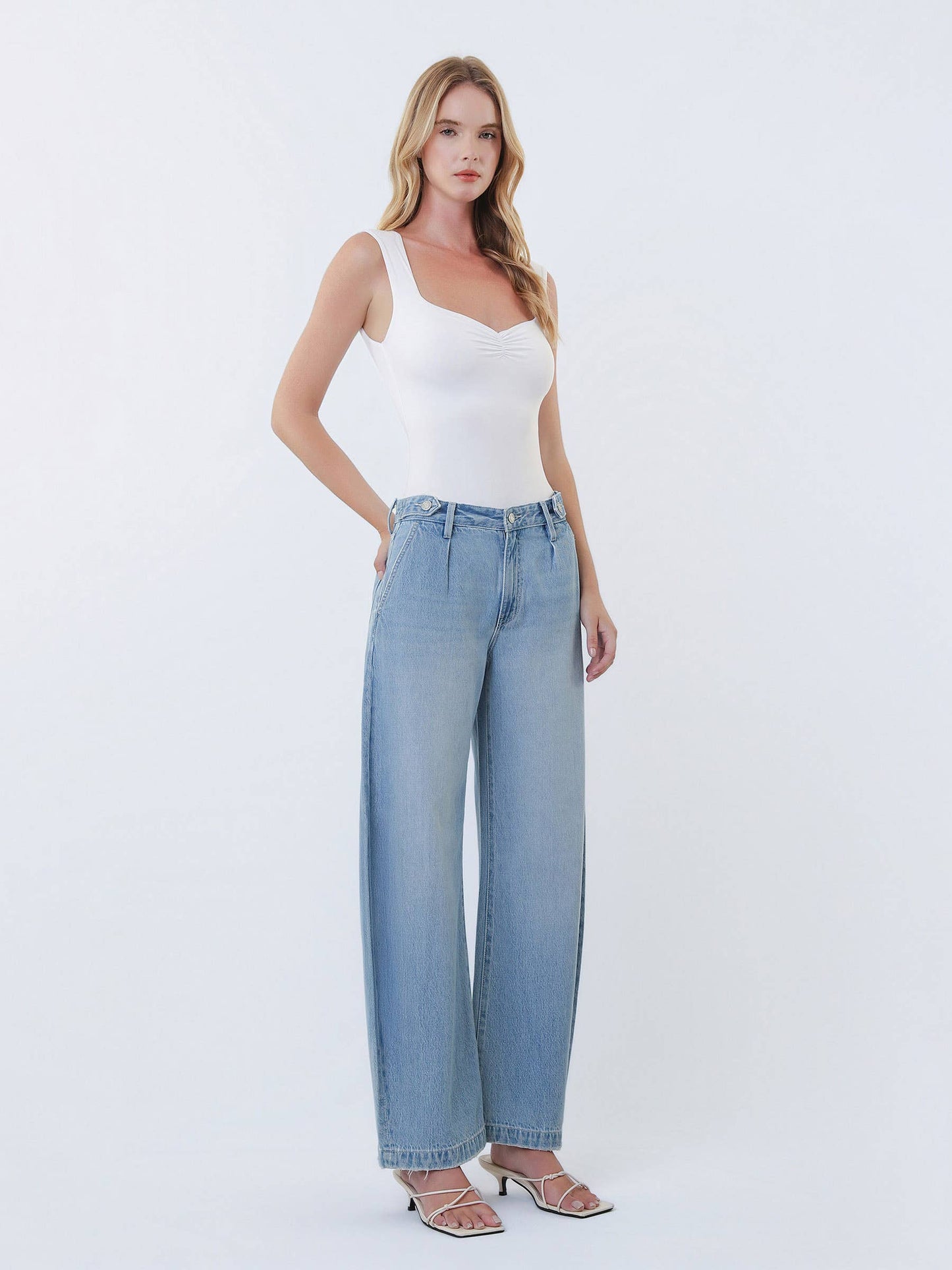 HIGH RISE PLEATED TAB WAISTBAND BARREL LEG JEANS: UPBEAT