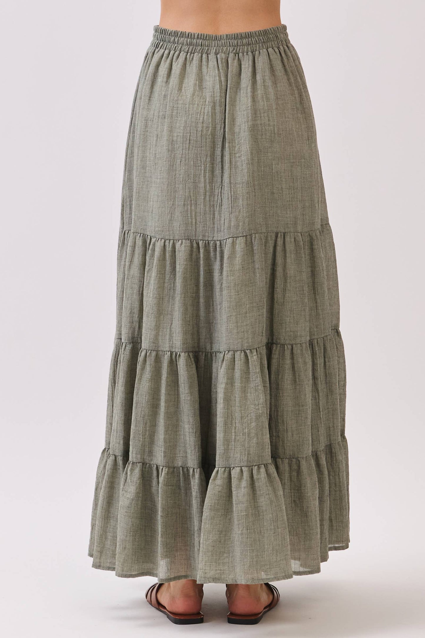 Final Touch - Tiered Coconut Tie Detail Maxi Skirt - VS3009: OLIVE / S