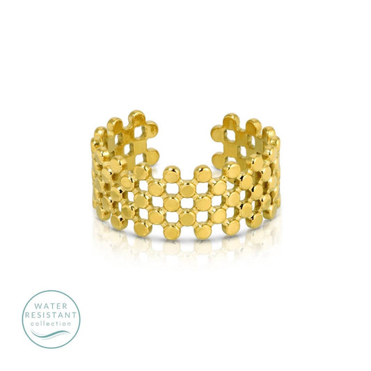 Splendid Iris - Wide Band Adjustable Statement Ring, Water-Resistant: Gold