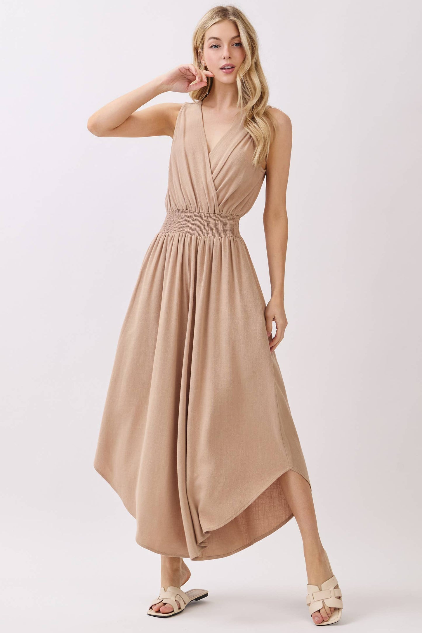 Final Touch - Solid V-Neck Surplice Sleeveless Jumpsuit - VNJU60256A4: Vintage Olive / M