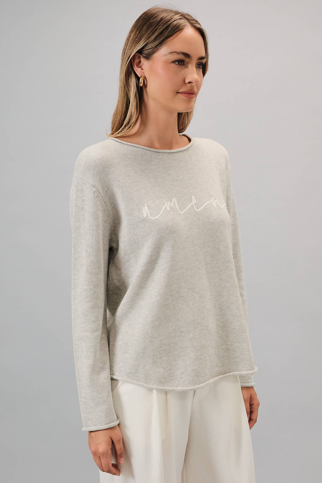Sunday Edition by LE LIS - ROUND NECK LONG SLEEVE "AMEN" LT WEIGHT SWEATER: H GREY / L