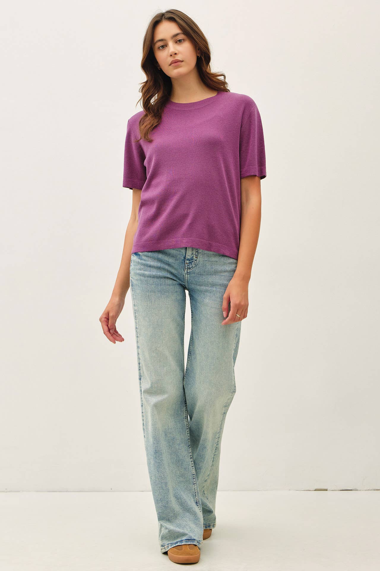 Be Cool - CASHMERE BLENDED SHORT SLEEVE SWEATER  : SLATE BLUE / M